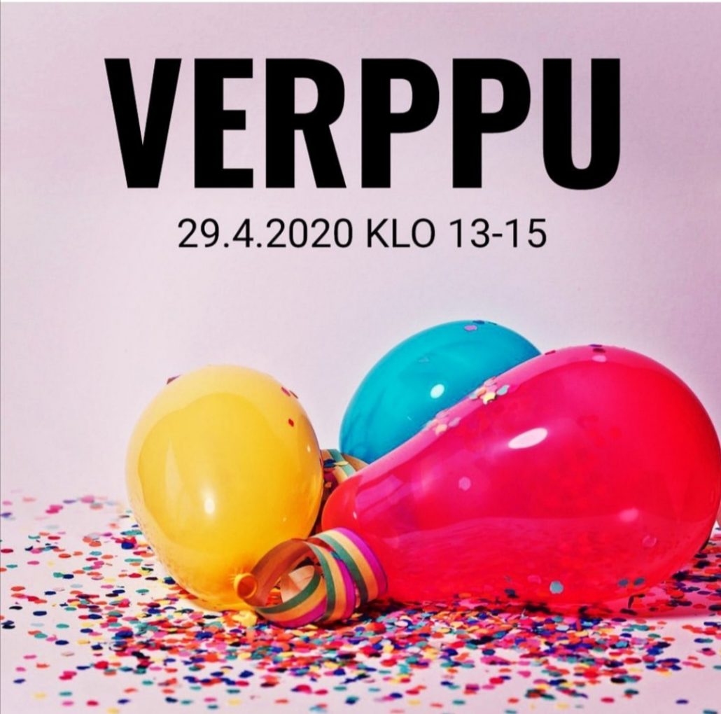 Vappuun 2020 sijoittuvaa Verppu-tapahtumaa mainostava kuva, jossa ilmapalloja ja serpentiini.