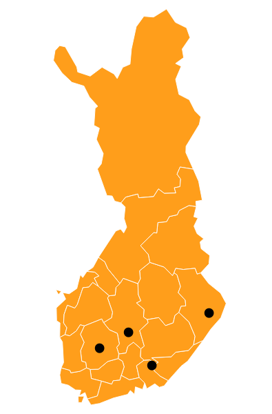 Suomen kartta johon on merkitty neljä pistettä ilmaisemaan sitä, kuinka osallistujat ovat eri puolelta maata. Pisteet sijaitsevat Keski-Suomessa, Etelä-Suomessa ja Itä-Suomessa.